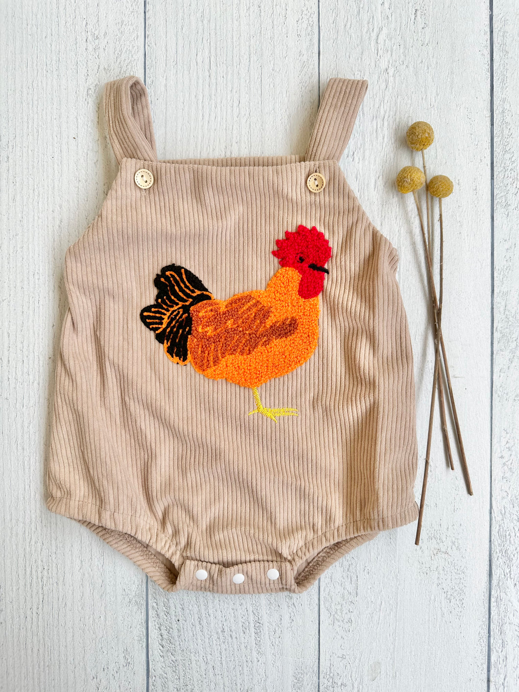 Rooster Patched Corduroy Onesie